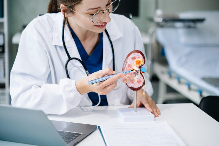 Confident young Caucasian female doctor in white medical uniform