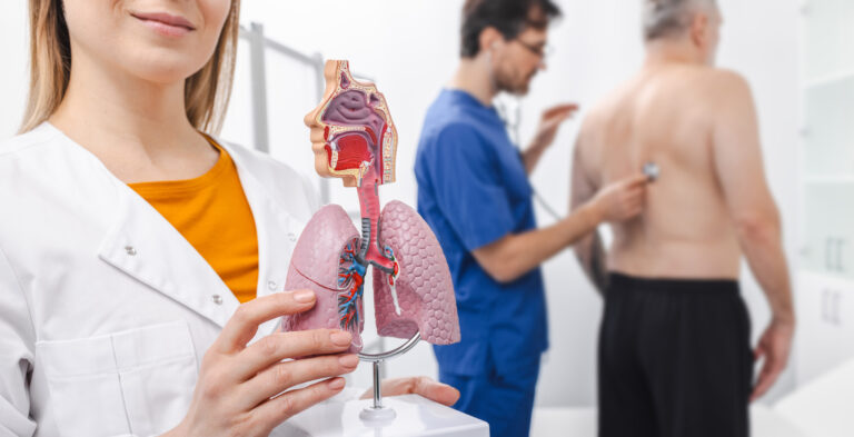 In a medical clinic, a nurse holds anatomical model of lungs, while a doctor pulmonologist evaluates a mature patient's health